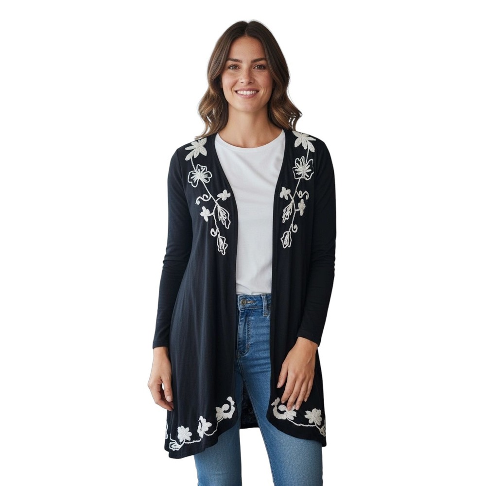 Natural Impressions Black White Embroidered Floral Long Sleeve Cardigan Medium‎
